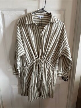 Miou Muse Striped Tunic Dress Size L NWT Neutral Linen Look
